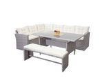 Poly-Rattan-Garnitur MCW-A29, Gartengarnitur Sitzgruppe Lounge-Esstisch-Set Sofa ~ Hellgrau, Kissen Creme + Bank