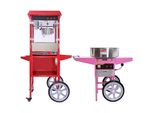 KuKoo Retro 1x Popcornmaschine Popcorn Maker mit Wagen und 1x Rosa Retro Zuckerwattemaschine mit Wagen im Set - Rot