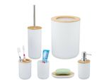 Badezimmer Set, 6-teilig, Badaccessoires Kunststoff, Bambus, komplette Badezimmerausstattung, Badset, weiß - Relaxdays