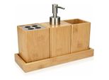 Badezimmerzubehör-Set – 4 x Badezimmerzubehör aus Bambus – Zahnbürstenhalter – Seifenspender – Becher – Halter