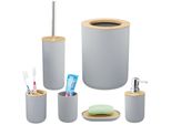 Badezimmer Set, 6-teilig, Badaccessoires Kunststoff, Bambus, komplette Badezimmerausstattung, Badset, grau - Relaxdays