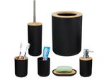 Badezimmer Set, 6-teilig, Badaccessoires Kunststoff, Bambus, komplette Badezimmerausstattung, Badset, schwarz - Relaxdays