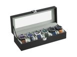 Uhrenbox für 6 Uhren, Uhrenkasten mit Glasdeckel, Uhrenkissen aus Samt, Uhrenkoffer mit Schloss, 11,2 x 30 x 8 cm, Geschenkidee, PU-Bezug in Schwarz,