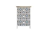 Comodino Rebecca Mobili, Stampa Maiolica Con 3 Cassetti In Legno, Marrone, Blu E Bianco