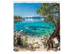 Abakuhaus Tenda Da Doccia Naturale, Lake Tahoe Riflesso Della Montagna Innevata Acqua Limpida Vista Sulla Costa Rocciosa, Set Decorativo Per Bagno In Tessuto Con Ganci, 175X220 Cm, Blu Pallido Verde Guscio D'uovo