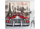 Abakuhaus Tenda Da Doccia Retrò, Paesaggio Urbano Di Parigi, Resistente A Batteri E Muffe, Incl. 12 Ganci Lavabile Elegante Stampa Digitale, 175 X 180 Cm, Rosso Crema Grigio