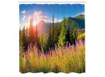 Abakuhaus Tenda Da Doccia Con Paesaggio, Paesaggio Montano Con Fiori, Alberi Alpini E Bosco All'alba, Tessuto, Set Decorativo Per Bagno Con Ganci, 175X220 Cm, Verde Rosa