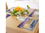 Abakuhaus Tovagliette Paesaggistiche, Magico Tramonto Estivo Sul Fiume Con Aurora Boreale Nel Cielo Che Dondola L'universo, Tiscjdeco In Tessuto Colorato Per La Sala Da Pranzo E La Cucina, Multicolore