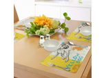 Abakuhaus Tovagliette Gialle, Illustrazione In Stile Sketch Di Cane Seduto Su Sfondo A Righe Con Effetto Invecchiato, Tiscjdeco In Tessuto Resistente Al Lavaggio Per Sala Da Pranzo E Cucina, Giallo Beige Blu