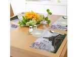 Tovagliette Abakuhaus Torre Eiffel, Stampa Eiffel-Fiori Naturali-Fiori Colorati-Cielo Nuvoloso-Prospettive-Parigi, Tiscjdeco In Tessuto Resistente Al Lavaggio Per Sala Da Pranzo E Cucina, Verde Verde
