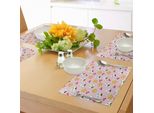 Tovagliette Abakuhaus Anime, Motivo Allegro E Vivace Con Palline Di Riso E Stelle Ciliegia Su Sfondo A Righe, Decorazioni Da Tavola In Tessuto Resistente Ai Colori Per La Sala Da Pranzo E La Cucina, Giallo, Bianco E Rosa