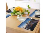 Abakuhaus Tovagliette Urbane, Sun Rising Sul Central Park Di Manhattan Mattina Tranquilla Grattacieli, Tiscjdeco In Tessuto Resistente Ai Colori Per La Sala Da Pranzo E La Cucina, Verde Scuro Calendula Blu