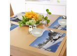 Tovagliette Abakuhaus Winter, Casette Di Legno In Montagna Sunny Winter Day Scena Rurale Vacanza, Tiscjdeco In Tessuto Resistente Al Colore Per La Sala Da Pranzo E La Cucina, Bianco Marrone Blu