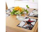 Tovagliette Abakuhaus Rock Music, Chitarrista Astratto Monocromatico Con Spruzzi E Motivo A Mezzitoni, Tiscjdeco In Tessuto Resistente Al Lavaggio Per La Sala Da Pranzo E La Cucina, Nero Pesca Rosso