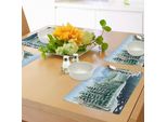 Tovagliette Abakuhaus Wald, Wildwood Nella Stagione Invernale Con Snowy Mountains E Fiume Ghiacciato In Stile Caricaturale, Tiscjdeco In Tessuto Resistente Al Lavaggio Per La Sala Da Pranzo E La Cucina, Bianco Verde Blu
