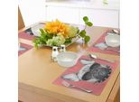 Tovagliette Abakuhaus Bulldog, Ritratto Artistico Disegnato A Mano Di Un Cane Con Collare E Occhiali Da Sole Su Sfondo Rosa, Sottobicchieri In Tessuto Lavabile Decorazione Da Tavola Con Stampa, Grigio, Rosa E Nero