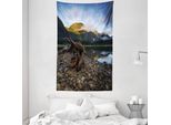 Abakuhaus Arazzo E Copriletto Paesaggistico, Mountain Lake Skies In Morbido Tessuto Microfibra Lavabile Senza Scolorimento, Stampa Digitale, 140 X 230 Cm, Blu E Marrone