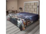 Abakuhaus New York Lenzuolo, Panorama Notturno Dello Skyline Di Manhattan Con Grattacieli Sul Fiume Tranquil River, Lenzuolo Morbido E Confortevole Per Un Letto Decorativo, 1 Pezzo, 266 Cm X 260 Cm, Blu E Arancione