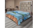 Abakuhaus Lenzuolo Con Motivo Marino, Spiaggia, Mare, Colline, Alberi, Vista Dalla Finestra, Illustrazione Estiva, Esotico, All'aria Aperta, Morbido E Confortevole Lenzuolo Superiore Per Un Letto Decorativo 1 Pezzo 244 Cm X 205 Cm, Blu Marrone