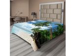 Abakuhaus Lenzuolo Da Letto, Palme, Foglie, Isola, Oceano, Giungla Esotica, Laguna, Tema Viaggi, Immagine, Morbido E Confortevole Lenzuolo Superiore Per Un Letto Decorativo, 1 Pezzo, 244 Cm X 205 Cm, Verde, Blu, Acquamarina