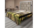 Abakuhaus Lenzuolo Da Letto Bosco, Alba Nel Paesaggio Nel Bosco Che Si Dissolve Nei Colori Dorati Foto, Lenzuolo Da Letto Morbido E Confortevole Per Un Letto Decorativo 1 Pezzo 275 Cm X 260 Cm, Giallo Verde Marrone
