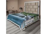 Abakuhaus Lenzuolo Con Stampa Cascata, Paesaggio Maestoso Con Cascata Vista Da Una Finestra, Paradiso Segreto Immaginario, Lenzuolo Morbido E Confortevole Per Un Letto Decorativo, 1 Pezzo, 244 Cm X 205 Cm, Blu Verde