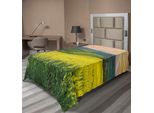 Abakuhaus Lenzuolo Giallo, Paesaggio Primaverile Wildflower Fields Sunrise Cielo Colorato E Colline Della Valle Immagine, Lenzuolo Morbido E Confortevole Per Un Letto Decorativo 1 Pezzo 260 Cm X 168 Cm, Giallo Verde