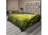 Abakuhaus Lenzuolo Magico, Rinfresco Mattutino Nella Natura Stagione Estiva Tramonto Ambiente Natura Selvaggia Nebbia Tema, Morbido E Confortevole Lenzuolo Superiore Per Un Letto Decorativo 1 Pezzo 275 Cm X 260 Cm, Verde