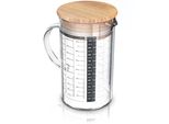 Arendo - Caraffa Graduata In Vetro Da 1L - Caraffa Graduata Da 1 Litro Caraffa In Vetro - Vetro Borosilicato - Scala Precisa - Resistente Al Calore - Adatta Al Microonde - Caraffa In Vetro Con Coperchio In Bambù - Guarnizione In Silicone