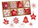 Brubaker 24 Pz. Set Di Ciondoli Natalizi - Decorazione Albero Rosso Bianco In Legno 3-4 Cm - Cavalli A Dondolo Stelle Campane - Decorazione Natalizia - Ciondolo Albero Di Natale In Legno - Decorazione Albero Di Natale