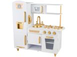 4Iq Grande Cucina Da Gioco In Legno Per Bambini Kitchenjoy Bianco 85,5X33X88 Cm Con Frigorifero, Accessori E Accenti Dorati