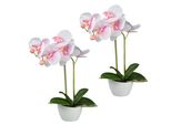Set Di 2 Piante Artificiali Phalaenopsis Rosa Da 33 Cm Con Vasi In Melamina Bianca - "Real Touch"""