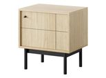 Comodino Con Anta E Ripiani - Rovere Linea, Gambe In Legno Nero - 53,5 X 56,6 X 39 Cm - Stile Japandi