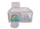 Selonis Box Con Cesto E 100 Palline Box Per Bambini, Grigio:Blu/Turchese/Giallo/Trasparente
