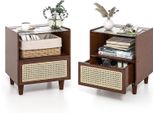 Costway Set Di 2 Comodini In Bambù E Rattan Con Cassetto, Tavolino Con Piano In Vetro E Scomparto Aperto, Tavolino Da Divano, Comodino, Console Da Letto Boho Per Camera Da Letto, 43 X 35 X 50 Cm