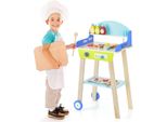 Set Barbecue Giocattolo Costway, Cucina Giocattolo Per Bambini Con Manico A Spinta, Ruote, Accessori, Barbecue Interattivo In Legno Per Bambini E Bambine