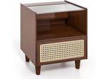 Comodino Costway In Bambù E Rattan Con Cassetto, Tavolino Con Piano In Vetro E Scomparto Aperto, Tavolino Da Divano, Comodino, Console Da Letto Boho Per Camera Da Letto, Soggiorno, 43 X 35 X 50 Cm
