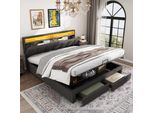 Letto Imbottito Idraulico Flieks 160X200Cm Con 2 Cassetti, Letto Contenitore Letto Matrimoniale Con Led, Letto In Legno Letto Giovanile Con Testata Contenitore, Lino, Grigio