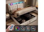 Letto Imbottito Flieks 160X200Cm Con Funzione Di Carico, Letto Matrimoniale Per Ragazzi Con Led, Letto Contenitore Idraulico Con Rete A Doghe, Cotone Beige