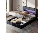 Letto Imbottito Fortuna Lai 160X200Cm Con Usb, Letto Giovanile Letto Matrimoniale Con Rete A Doghe E Contenitore, Letto Contenitore Con Led, Lino, Grigio
