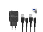 Energizer Hardcase - Caricatore Di Rete 2X USB-A 12W + Cavo USB-C E Micro-Usb (Nero)