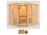 Sauna KARIBU Aline 3, beige (naturbelassen), ohne Ofen, (ohne Ofen), Saunen, ohne Ofen