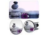Badaccessoire-Set SANILO Energy Stones, lila (lila, grau), Holz, Polyester, Kunststoff, Badaccessoires-Sets, bestehend aus WC-Sitz, Badteppich und Waschbeckenstöpsel