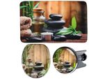 Badaccessoire-Set SANILO Spa, braun (schwarz, braun), Holz, Polyester, Kunststoff, Badaccessoires-Sets, bestehend aus WC-Sitz, Badteppich und Waschbeckenstöpsel