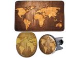 Badaccessoire-Set SANILO World Map, braun, Holz, Polyester, Kunststoff, Badaccessoires-Sets, bestehend aus WC-Sitz, Badteppich und Waschbeckenstöpsel