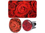 Badaccessoire-Set SANILO Rosen, rot, Holz, Polyester, Kunststoff, Badaccessoires-Sets, bestehend aus WC-Sitz, Badteppich und Waschbeckenstöpsel