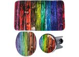 Badaccessoire-Set SANILO Rainbow, bunt, Holz, Polyester, Kunststoff, Badaccessoires-Sets, bestehend aus WC-Sitz, Badteppich und Waschbeckenstöpsel