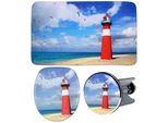 Badaccessoire-Set SANILO Leuchtturm, blau (blau, rot), Holz, Polyester, Polyresin (Kunststein), Badaccessoires-Sets, bestehend aus WC-Sitz, Badteppich und Waschbeckenstöpsel