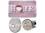 Badaccessoire-Set SANILO Home, beige (beige, grau), Holz, Polyester, Kunststoff, Badaccessoires-Sets, bestehend aus WC-Sitz, Badteppich und Waschbeckenstöpsel