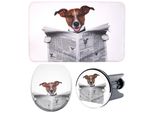 Badaccessoire-Set SANILO Newspaper, grau (grau, weiß), Holz, Polyester, Kunststoff, Badaccessoires-Sets, bestehend aus WC-Sitz, Badteppich und Waschbeckenstöpsel